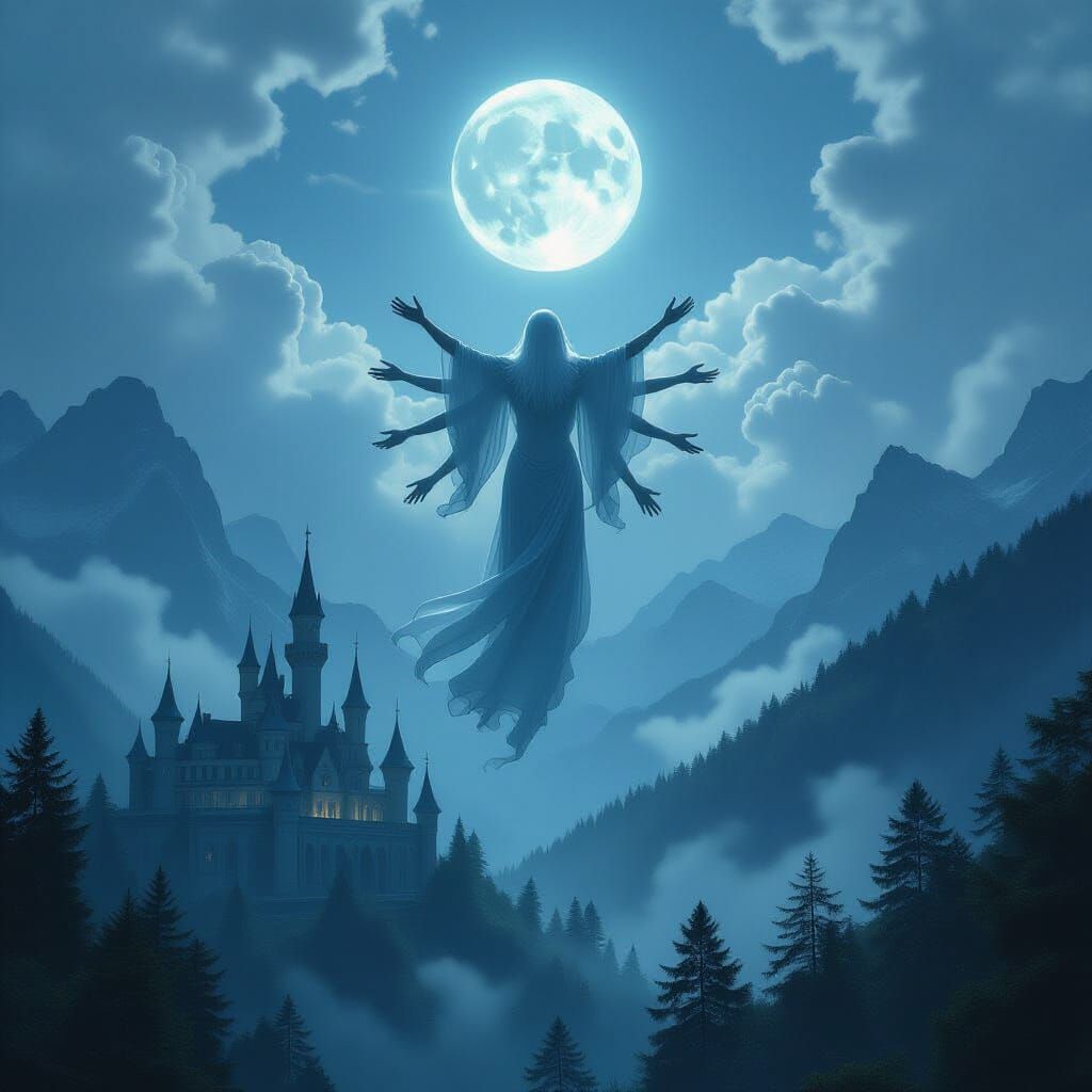 Ethereal Being Above Gothic Castle Forest