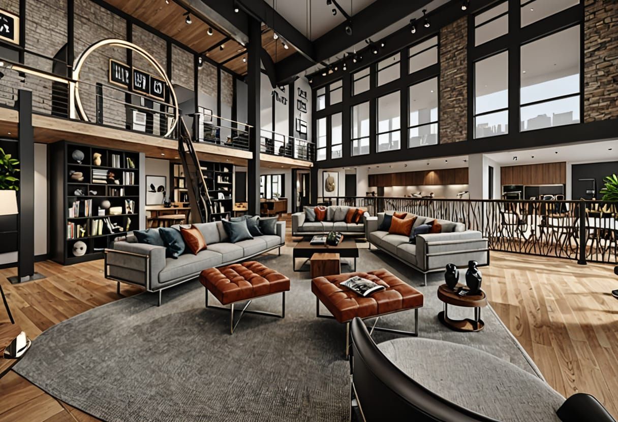 Modern Communal Living Room in Wood and Metal Aesthetic