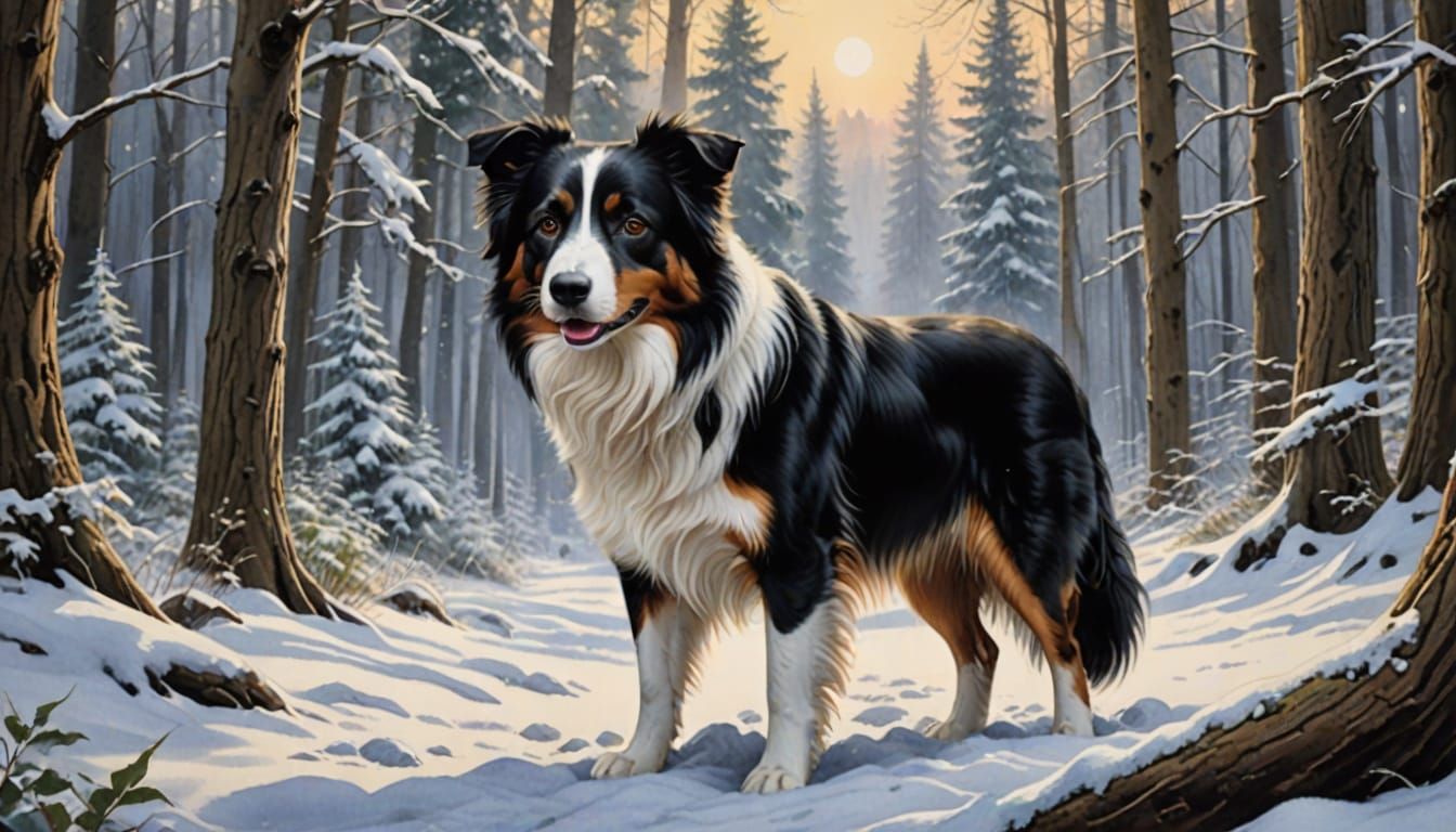 Hyperrealistic Border Collie in Winter Wonderland