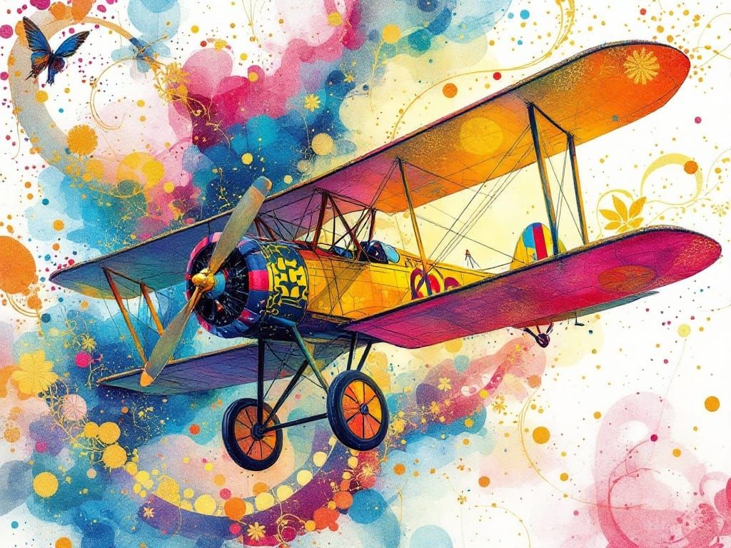Vibrant Art Nouveau Plane Takes Flight in Golden Splendor