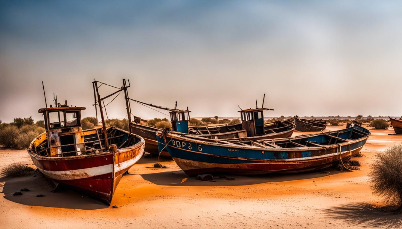 Abandoned Fishing Boats in Evaporated Desert Sea