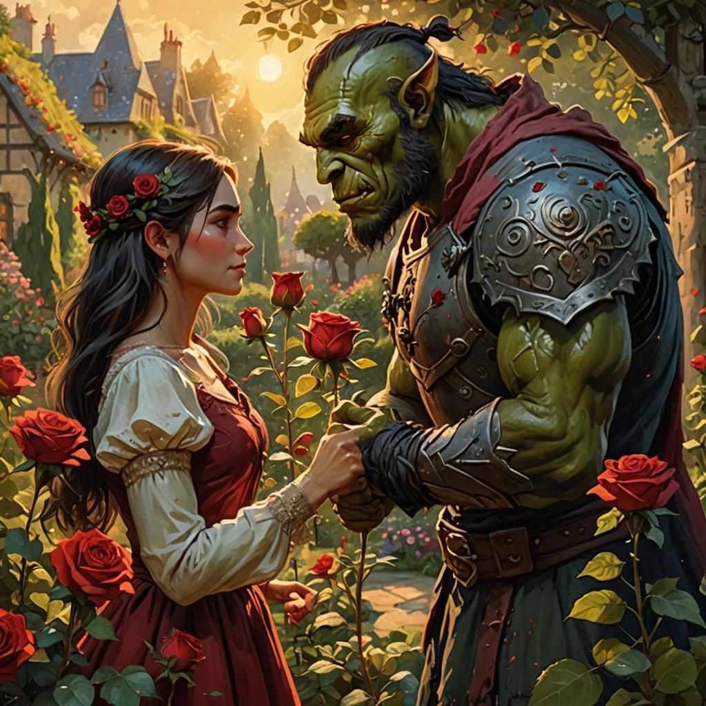 Orc Gives Rose to Human in Monet-Style Garden