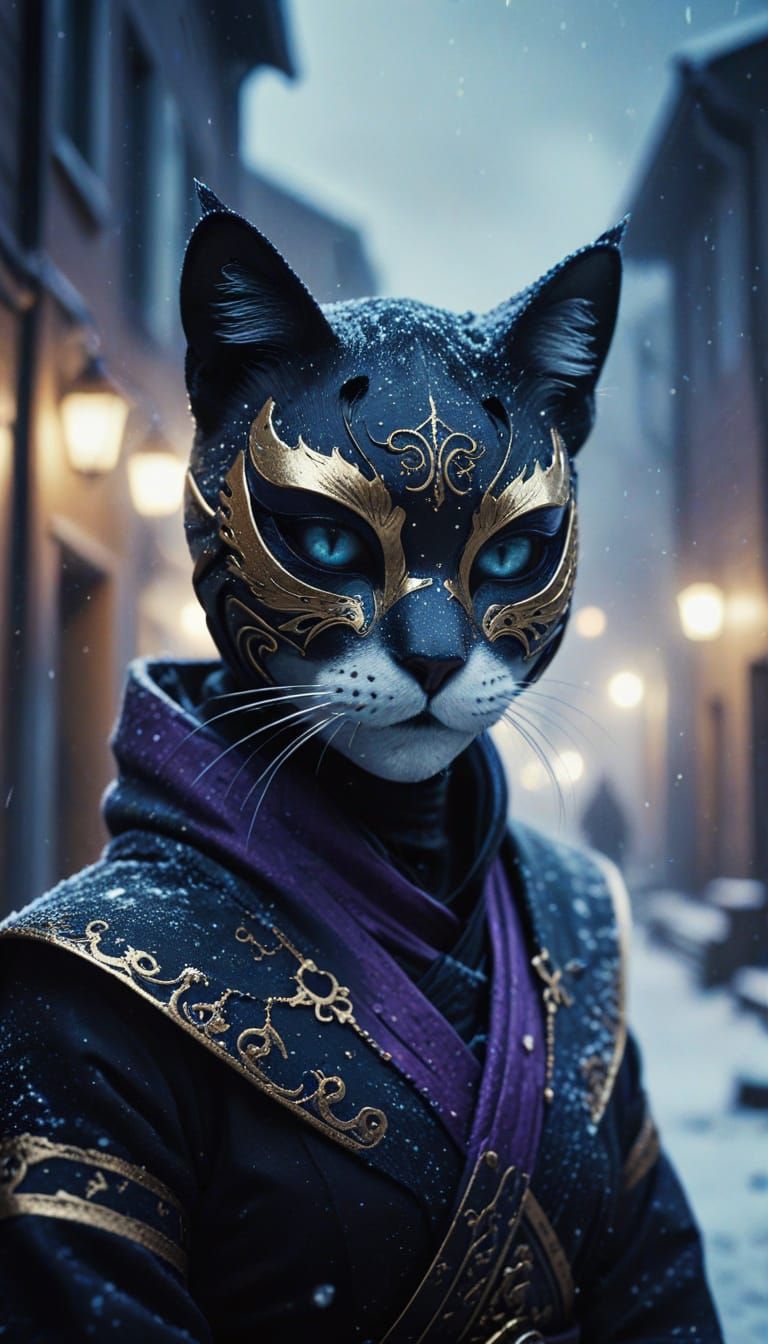 Mysterious Cat Hybrid in Dark Snowy Russian Town