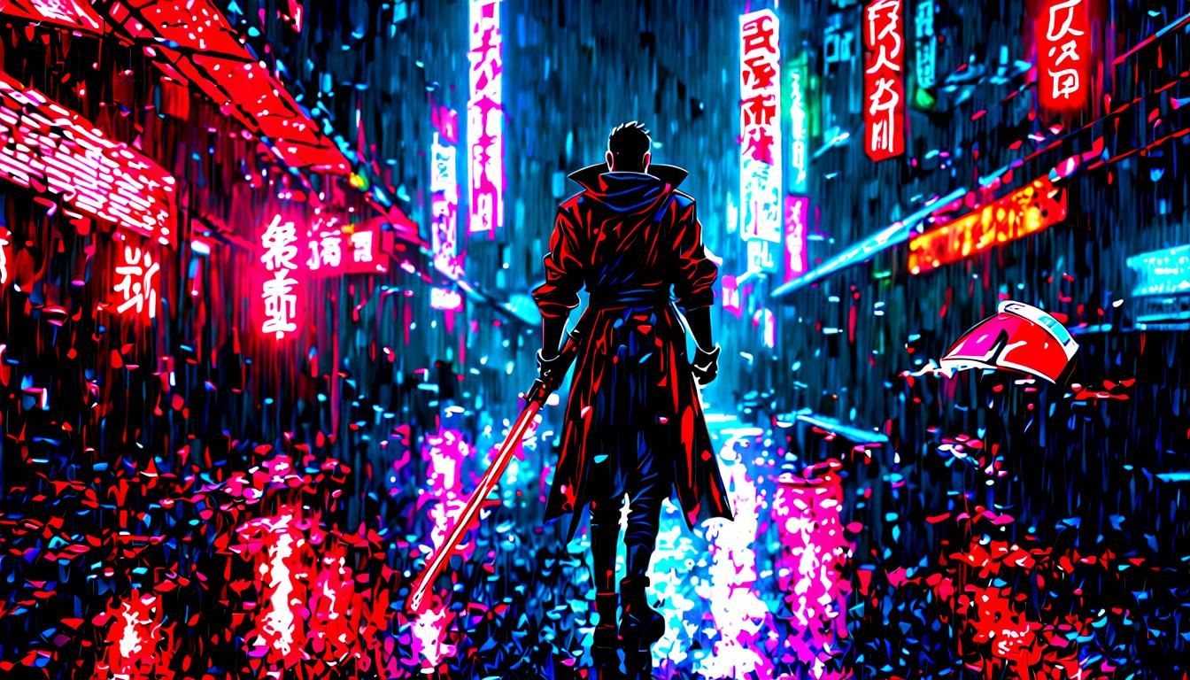 Street Samurai in Rainy Cyberpunk Ambiance