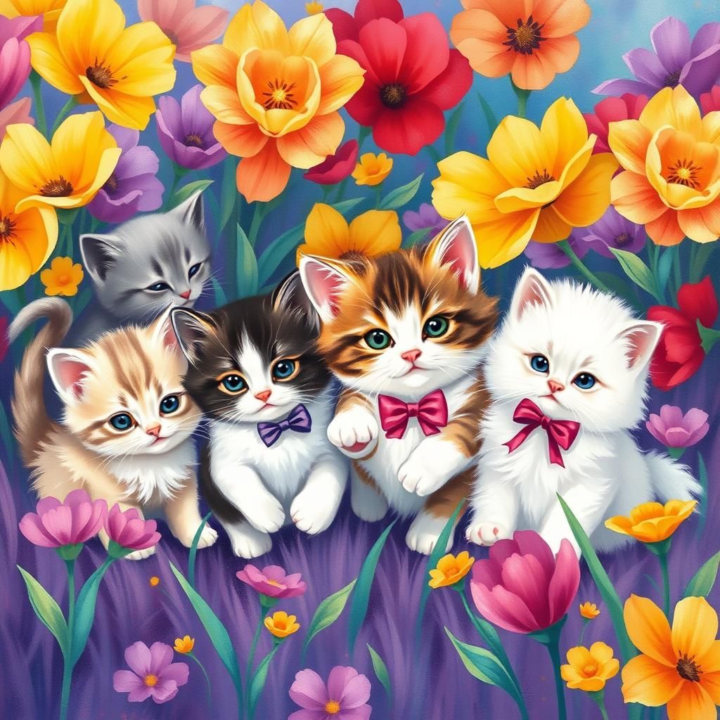 Kittens Play in Dreamy Meadow, Whimsical 2D Illustration