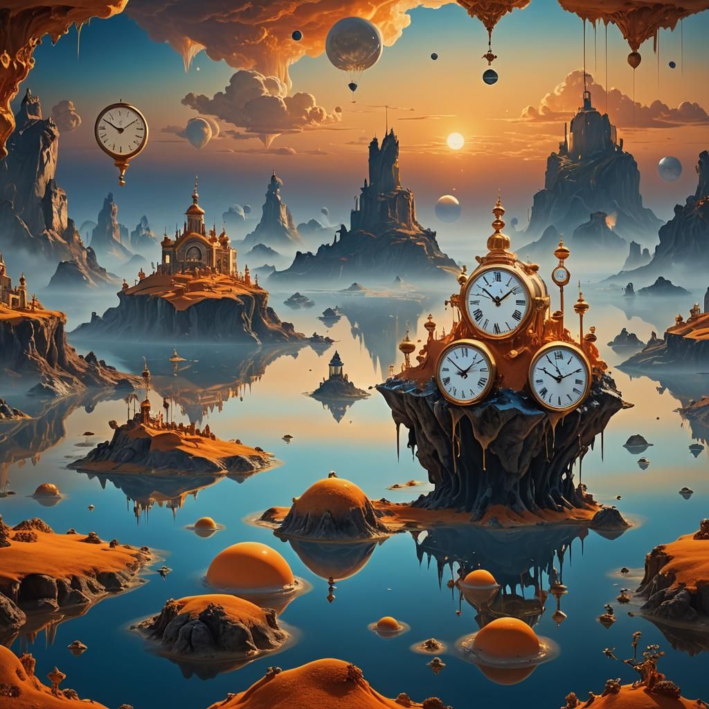 Surreal Dreamscape with Melting Clocks in Art Nouveau Style