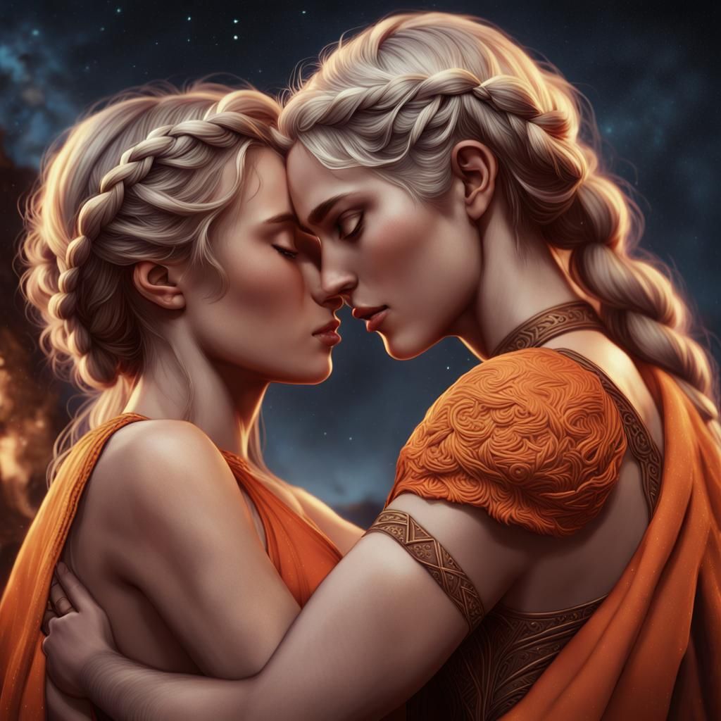 Passionate Priestess Hug in Starry Night