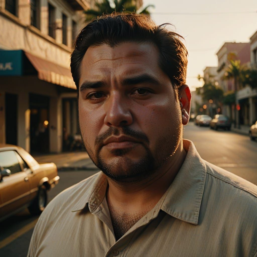 Cuban-American Man's Hyperrealistic Portrait in Golden Hour
