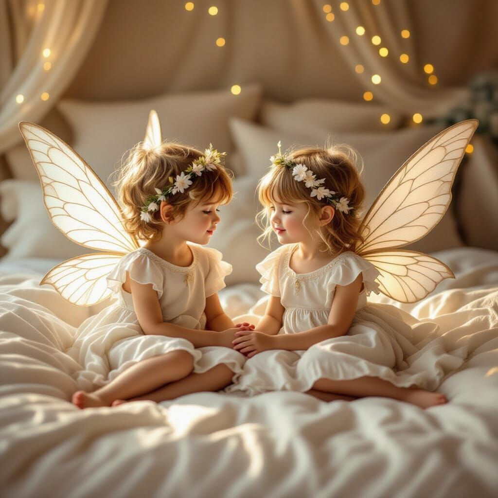 Ethereal Fairy Children in Bedroom with Golden Lighting