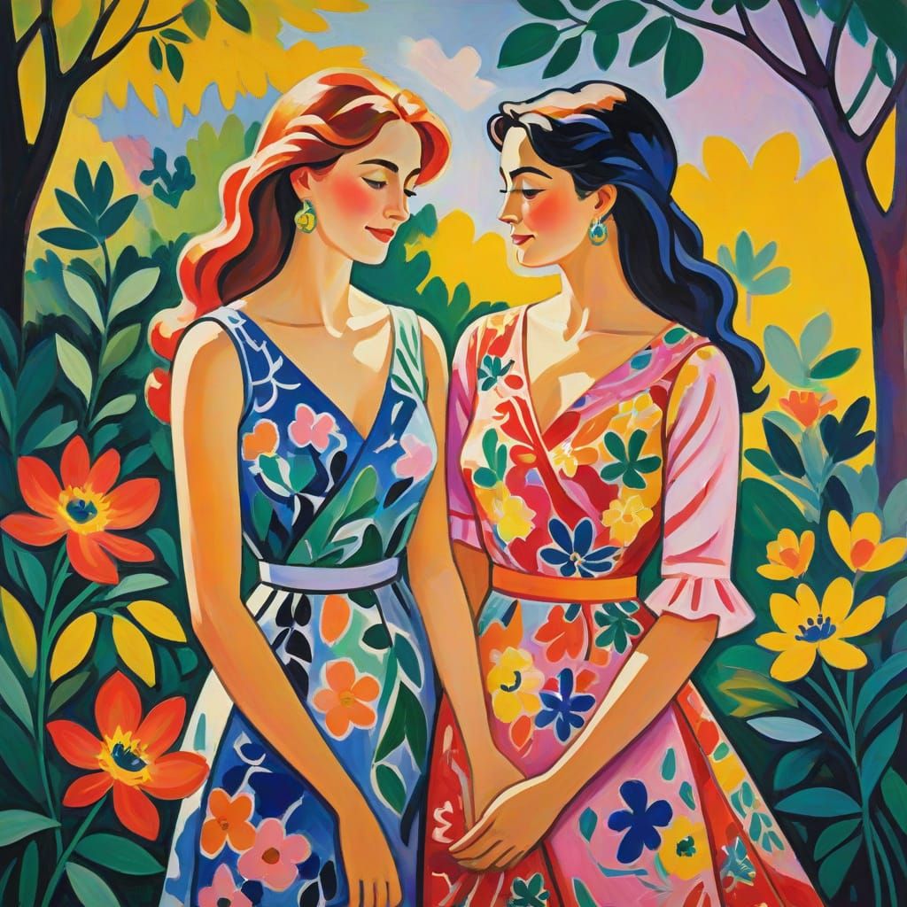 Vibrant Fauvist Portrait of Women in a Lush Garden