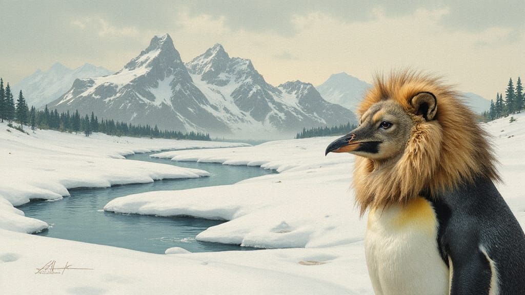 Fantasy Penguin with Lion's Head Amidst Melting Snow