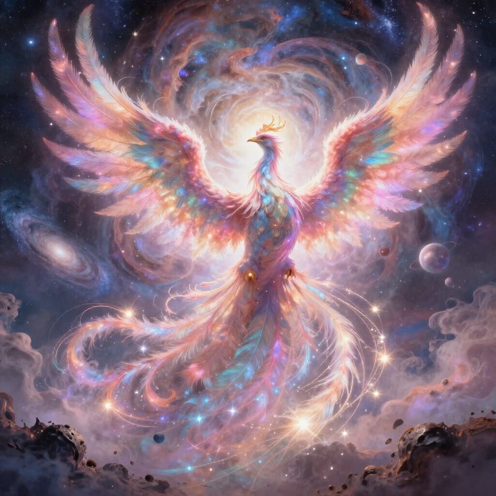 Cosmic Phoenix Rises from Stardust in Surreal Landscape