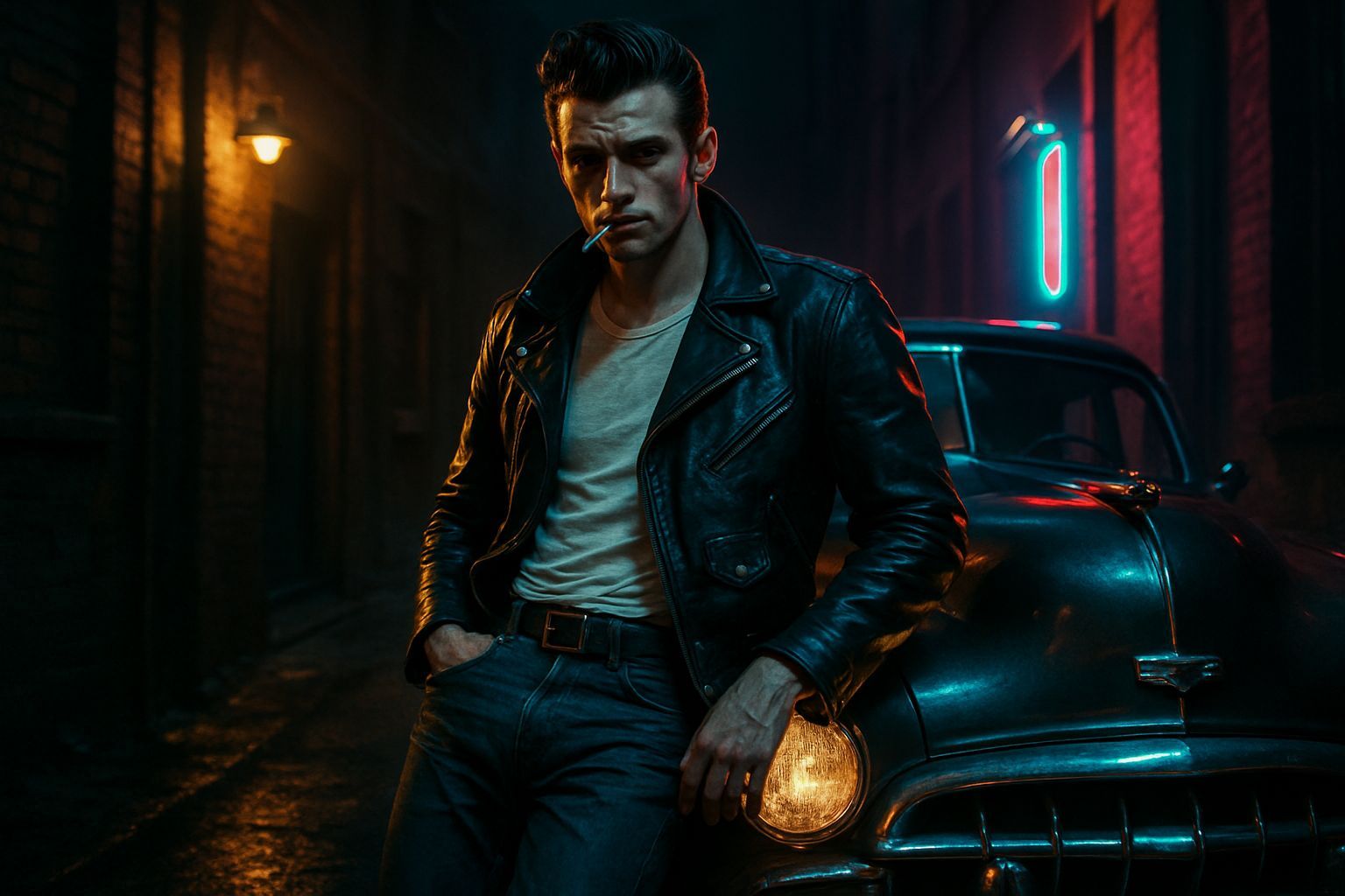 Charismatic Greaser in Noir Alleyway Scene