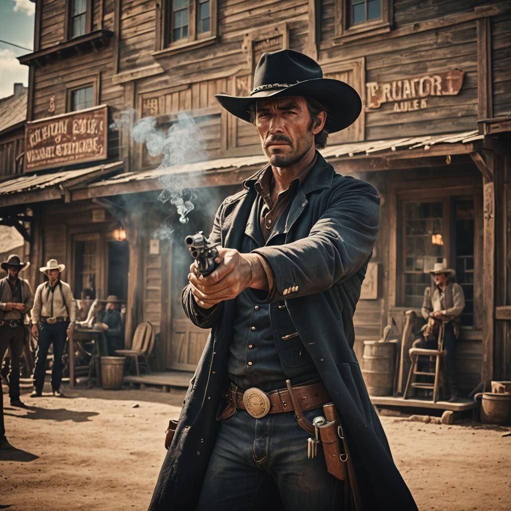 Dark Cowboy Points Smoking Gun in Western Town