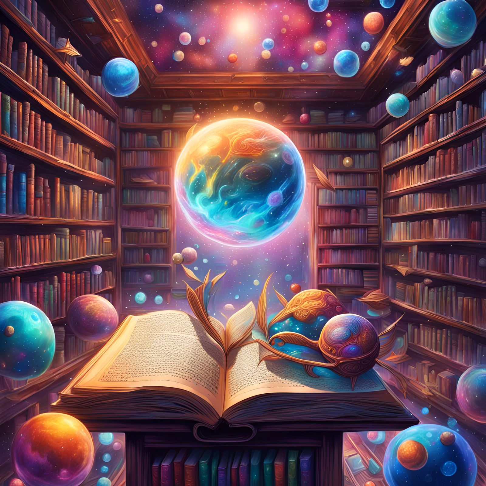 Cerebral Starship Docked in Library: Cosmic Illustration