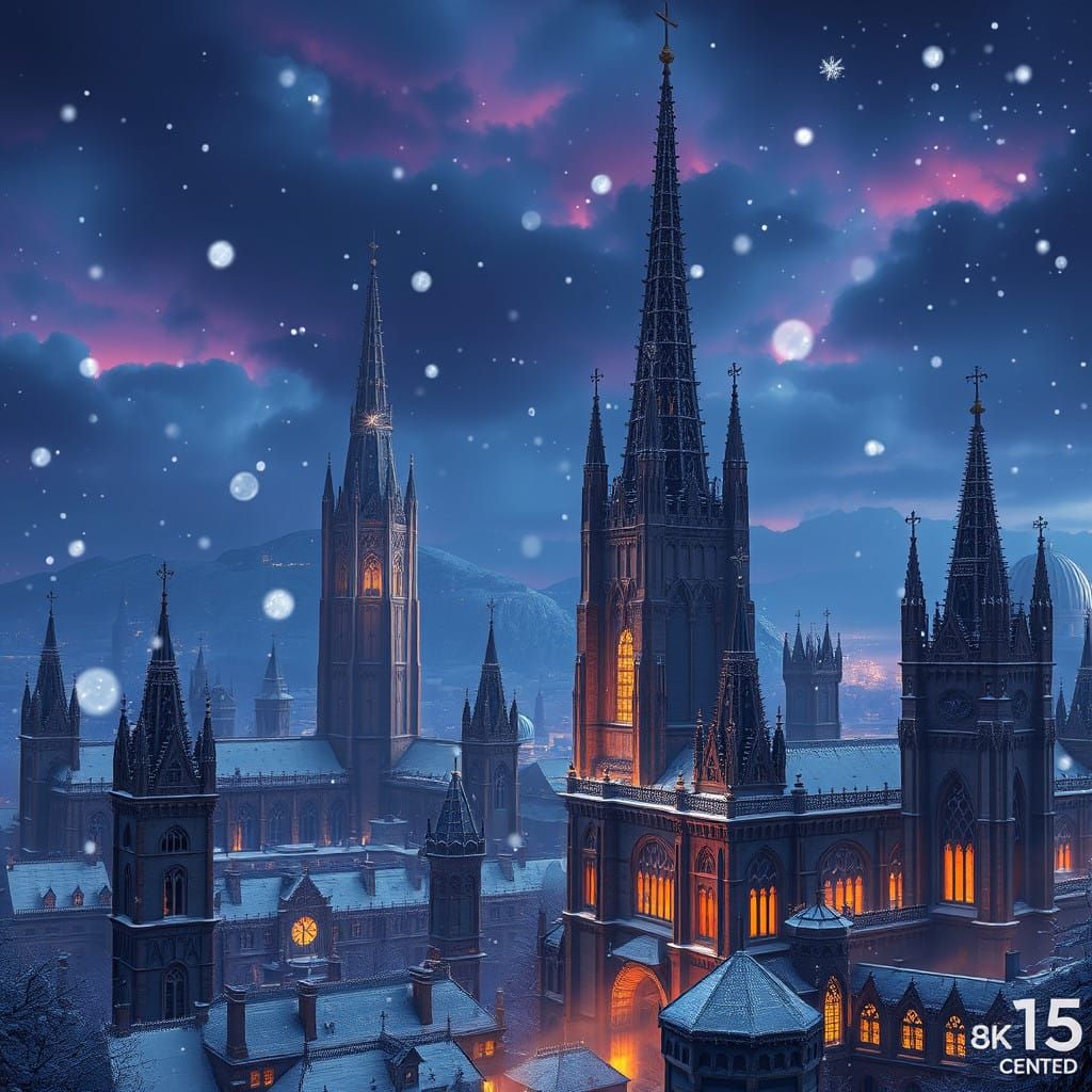 Dreamlike Cityscape Under Snowy Skies
