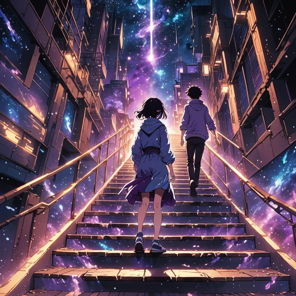 Anime Figure Ascends Infinite Stairway in Space