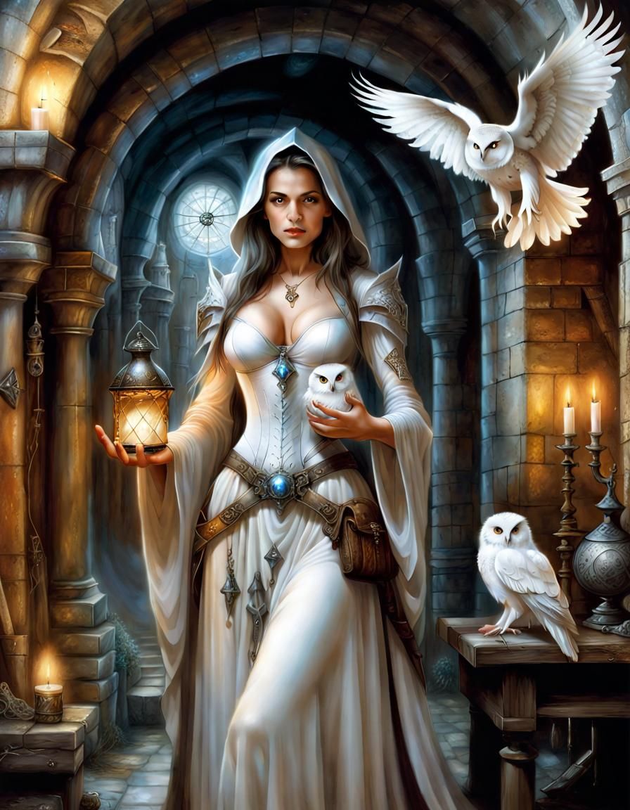 Woman Wizard with Owl in Rococo Style