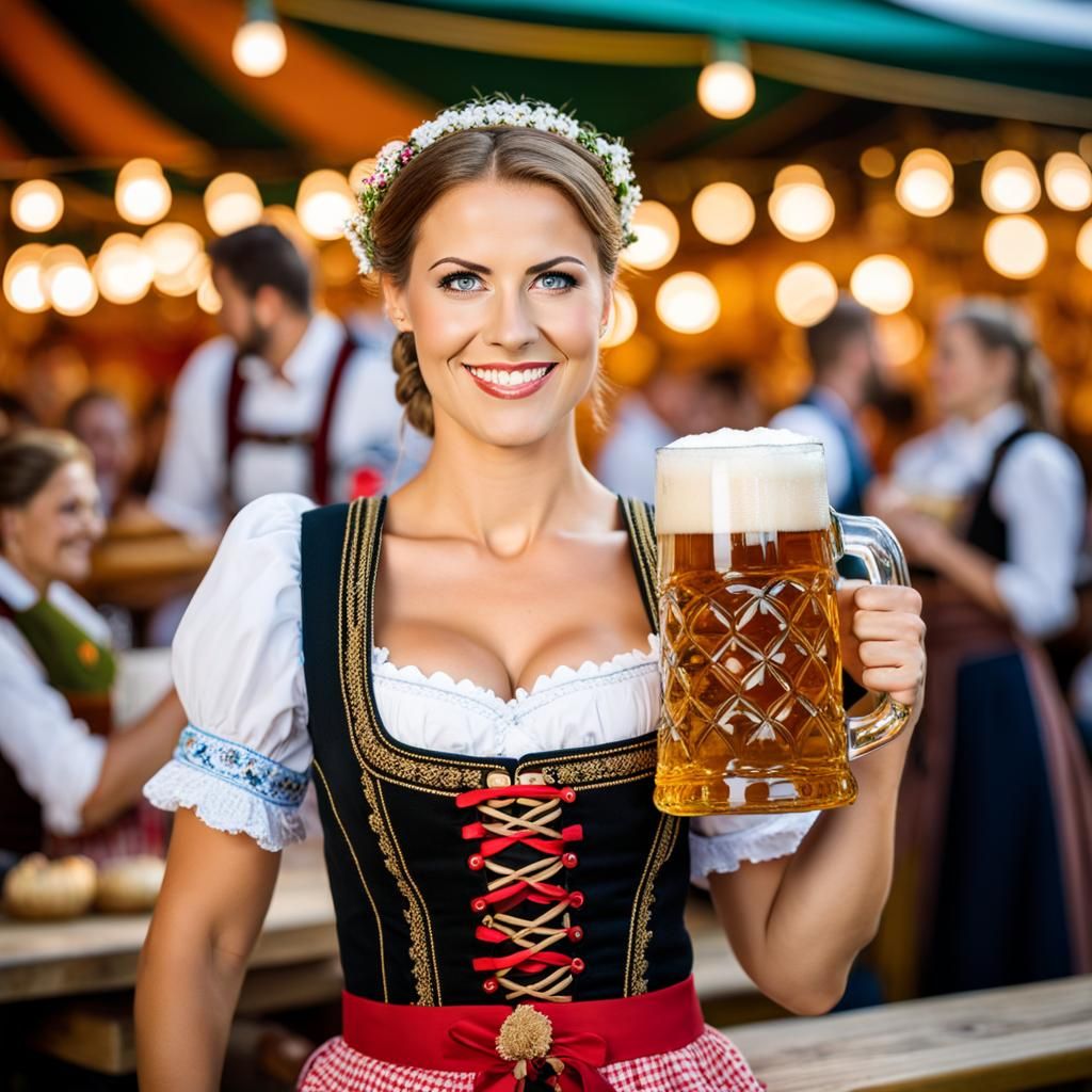 Oktoberfest Portrait: Woman in Dirndl with Beer