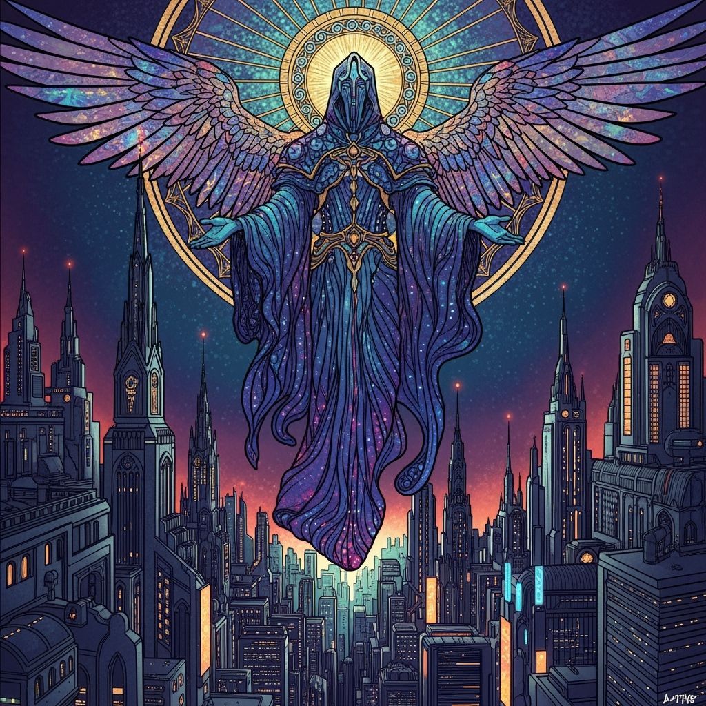 Celestial Being Above Futuristic Gothic City