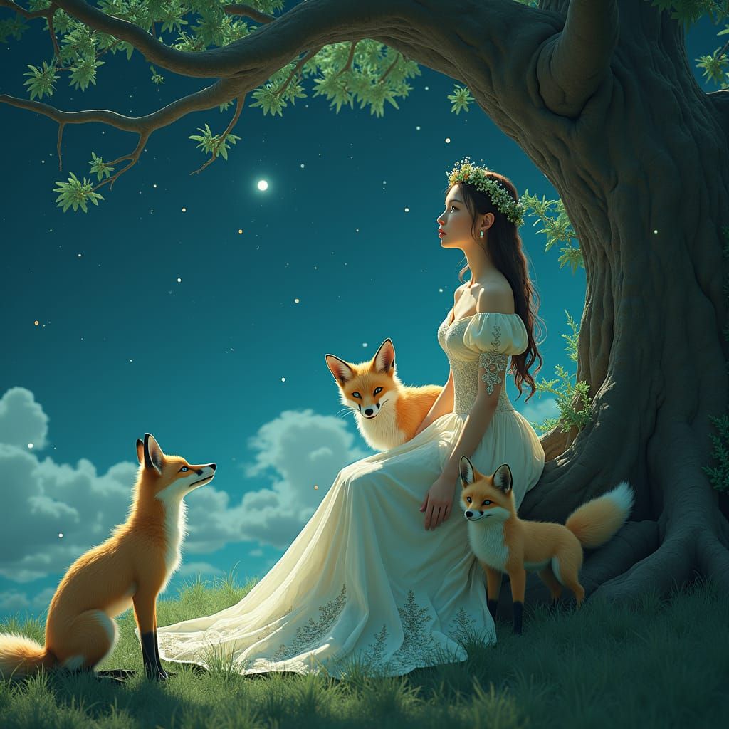 Ethereal Girl with Foxes Gazing at Starry Night
