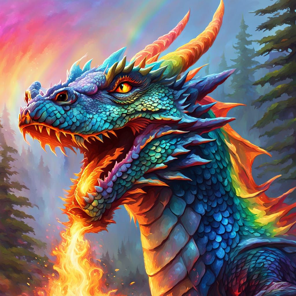 Vibrant Dragon Ignites Fantasy Forest in Oil Painting Style