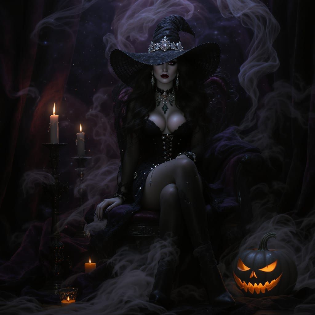 Gothic Witch Amidst Ethereal Light and Fog