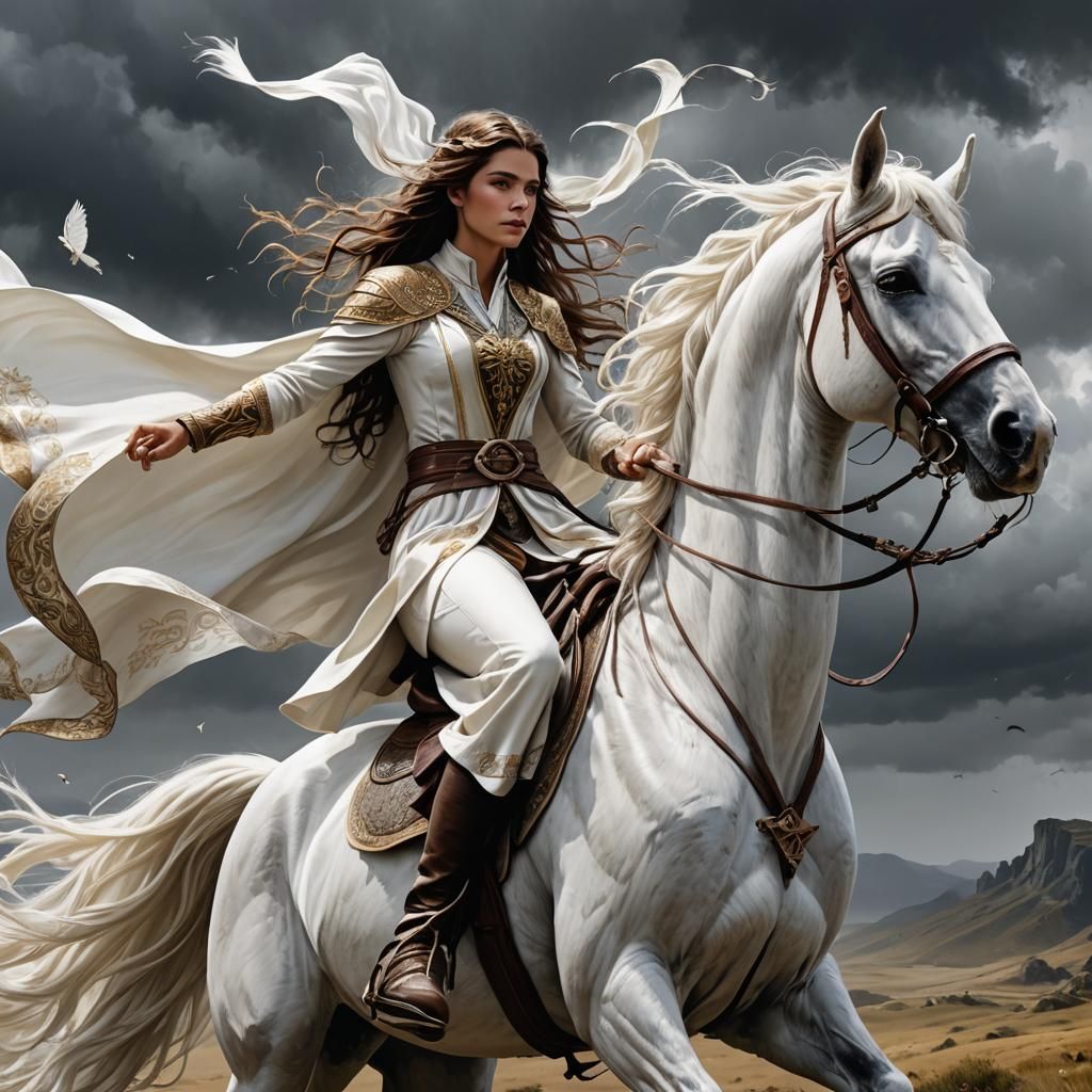 Elf on White Horse in Rivendell, Fantasy Art