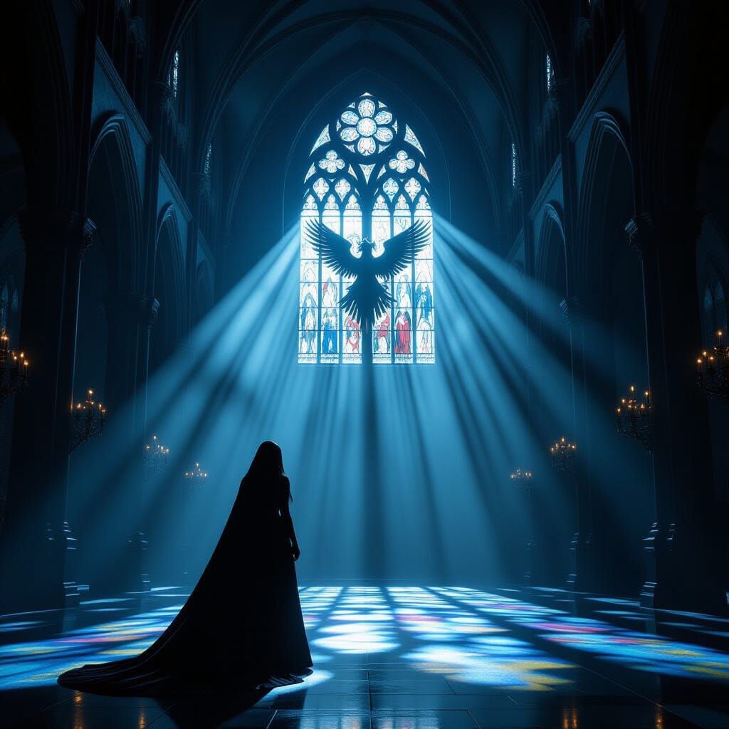 Spectral Woman in Shadowy Gothic Cathedral