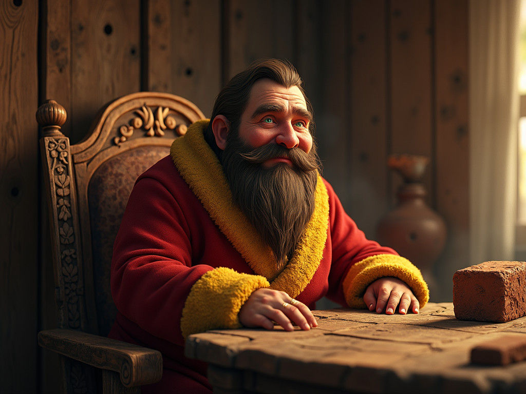 Dwarf in Bathrobe with Brick, Whimsical Fantasy Art