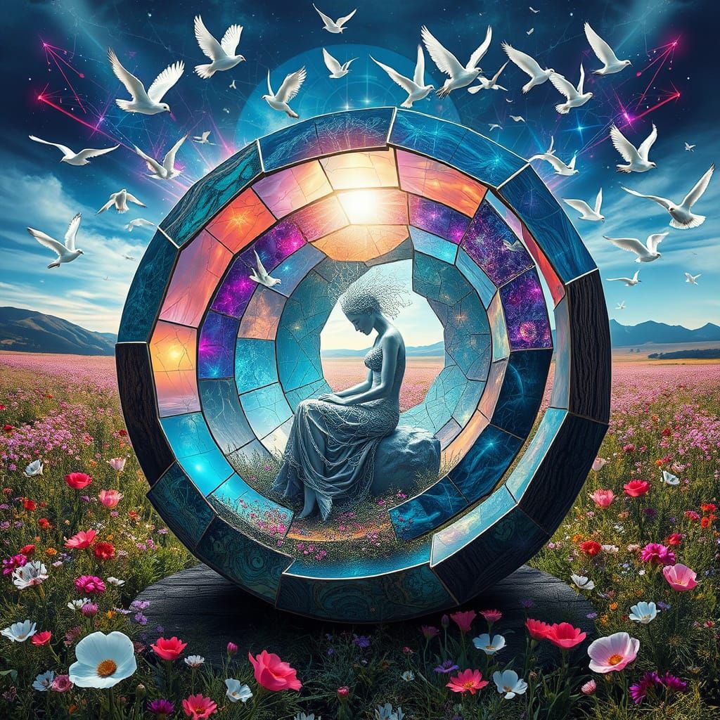 Sculptor Poses Amidst Surreal Spiral Art and Nature