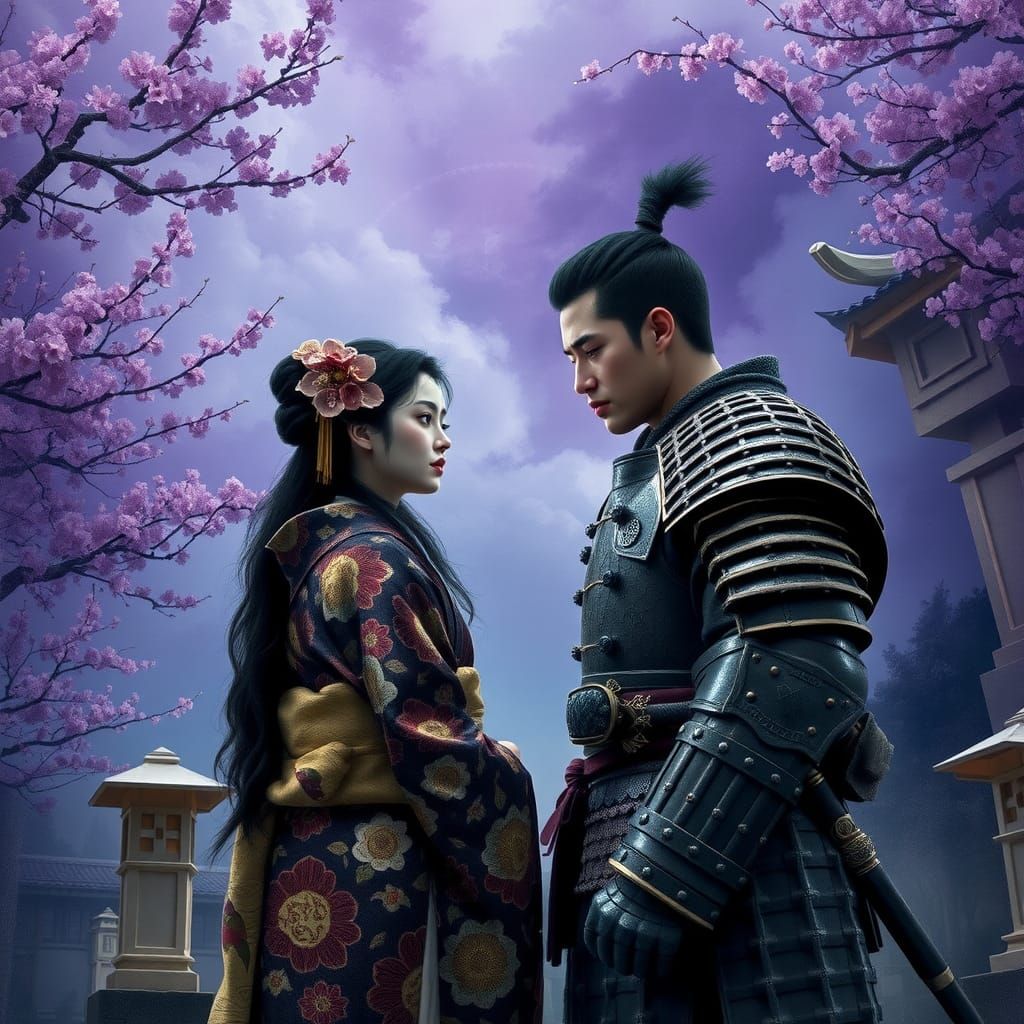 Geisha and Samurai in Dreamlike Japanese Garden