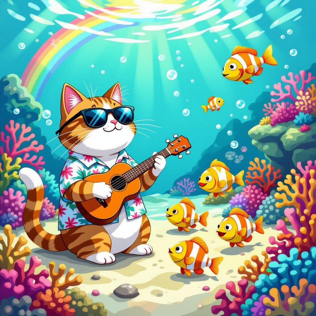 Cat's Coral Reef Ukulele Concert in Cartoon Style