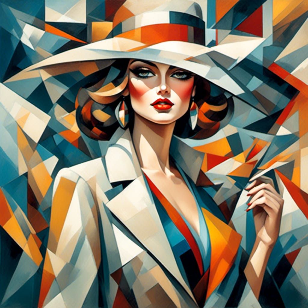 <lora:Cubist Style Drawing:1.0> 20s style woman, hat, coat, cubist style inspired by the Euclidean art of artists such a...