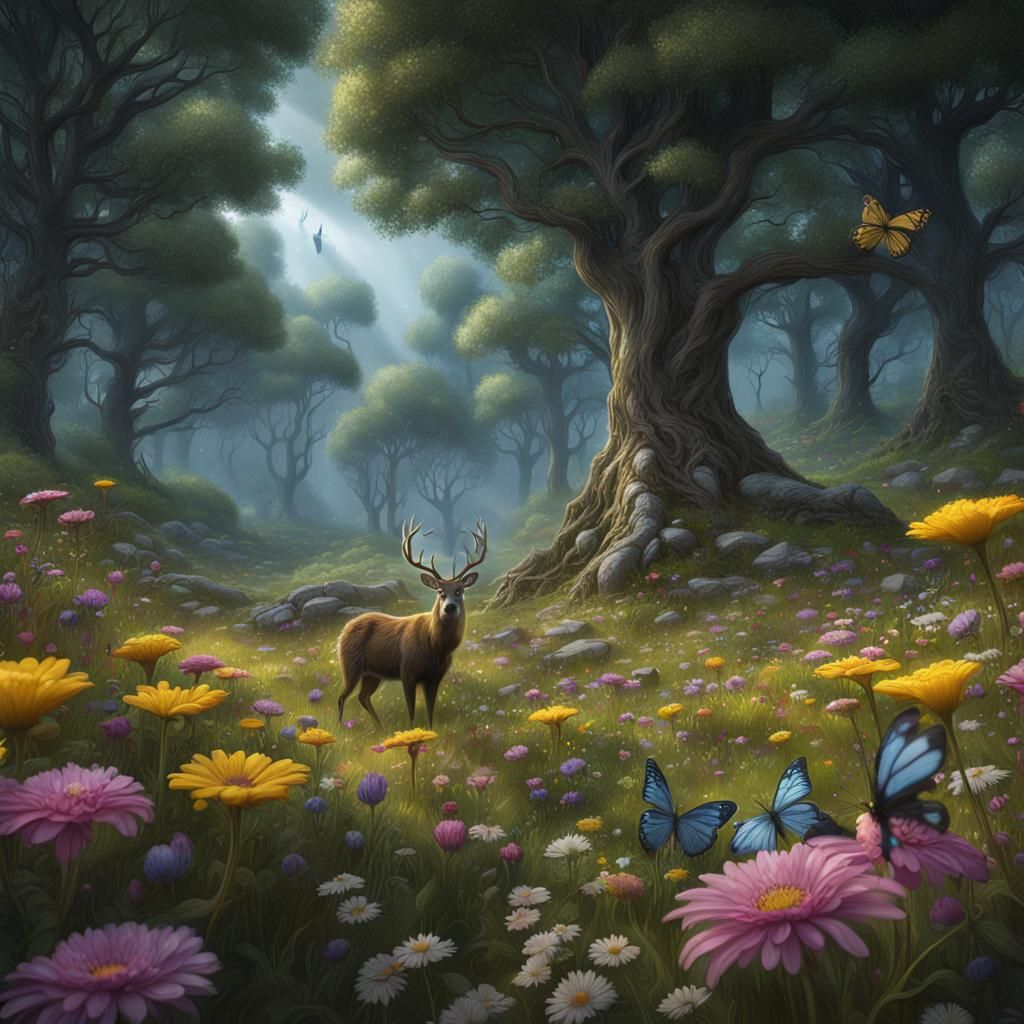 Enchanted Forest: Wildlife in a Flower Meadow