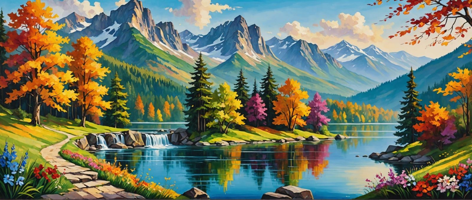 Autumn Landscape Painting with Waterfall and Lake