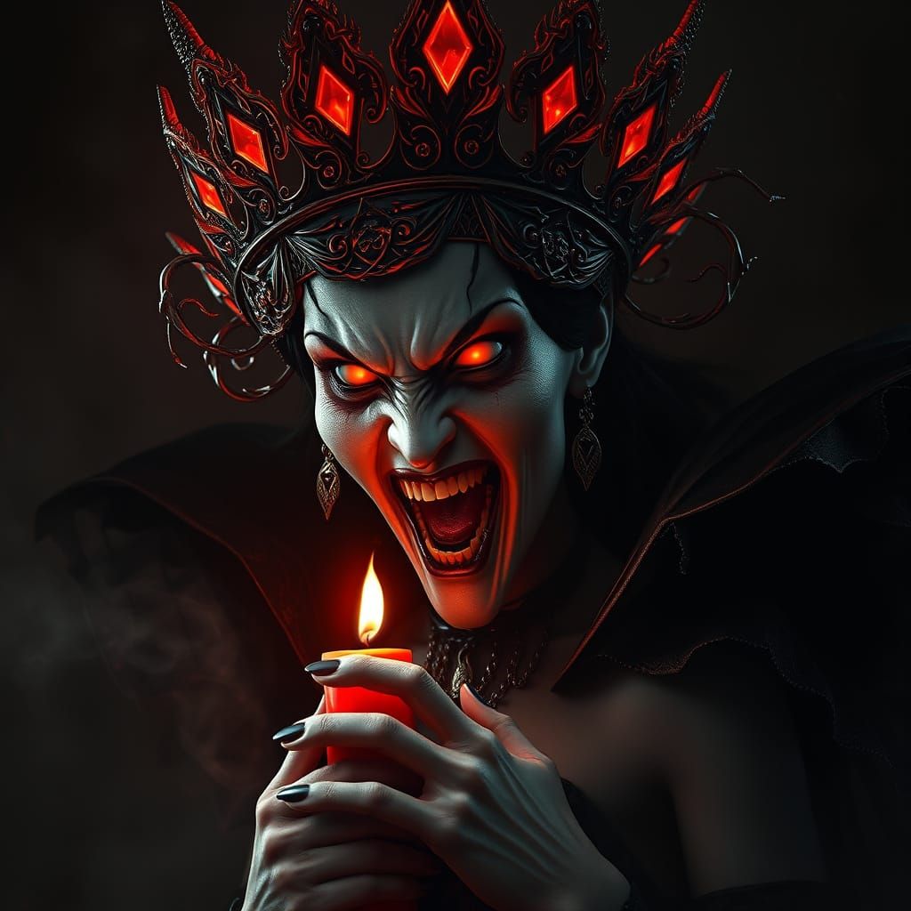 Gothic Vampire Queen Reigns in Fury, Candlelit, Dark Backgro...