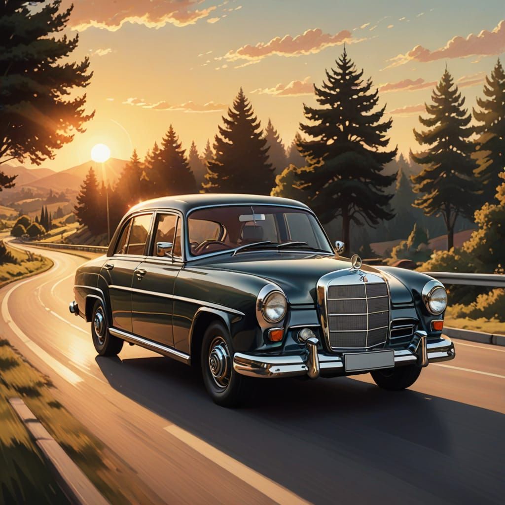 Mercedes Ponton on Winding Road in Retro Style