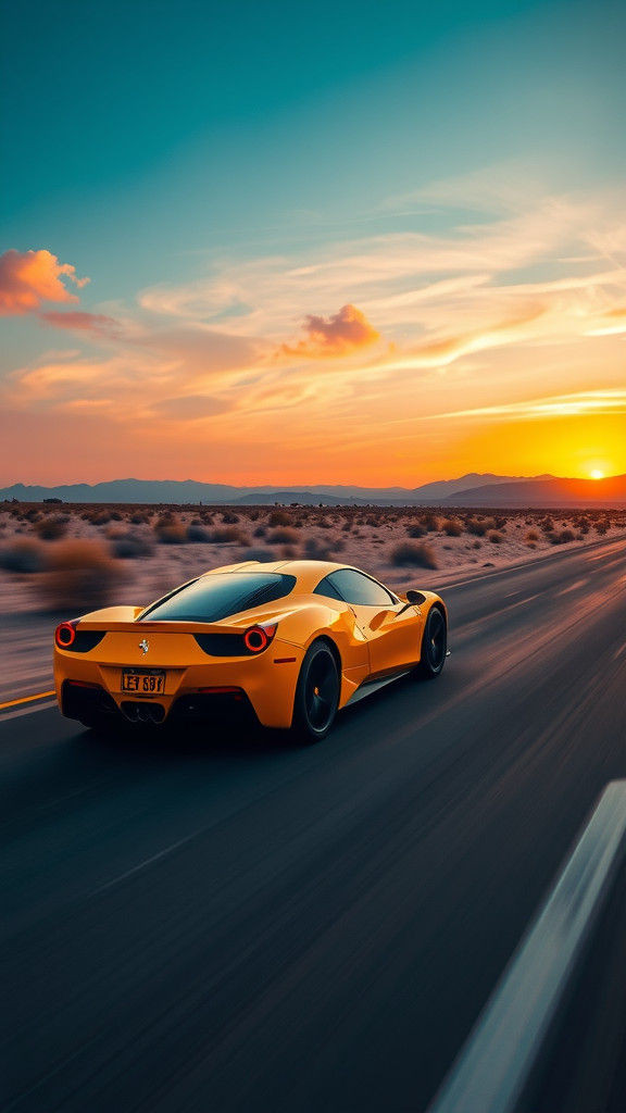 Ferrari Rides Desert Road at Sunset