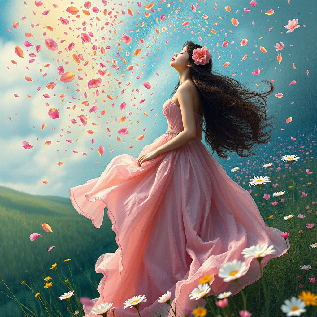 Whimsical Woman in Flower Meadow, Pop-Surrealism