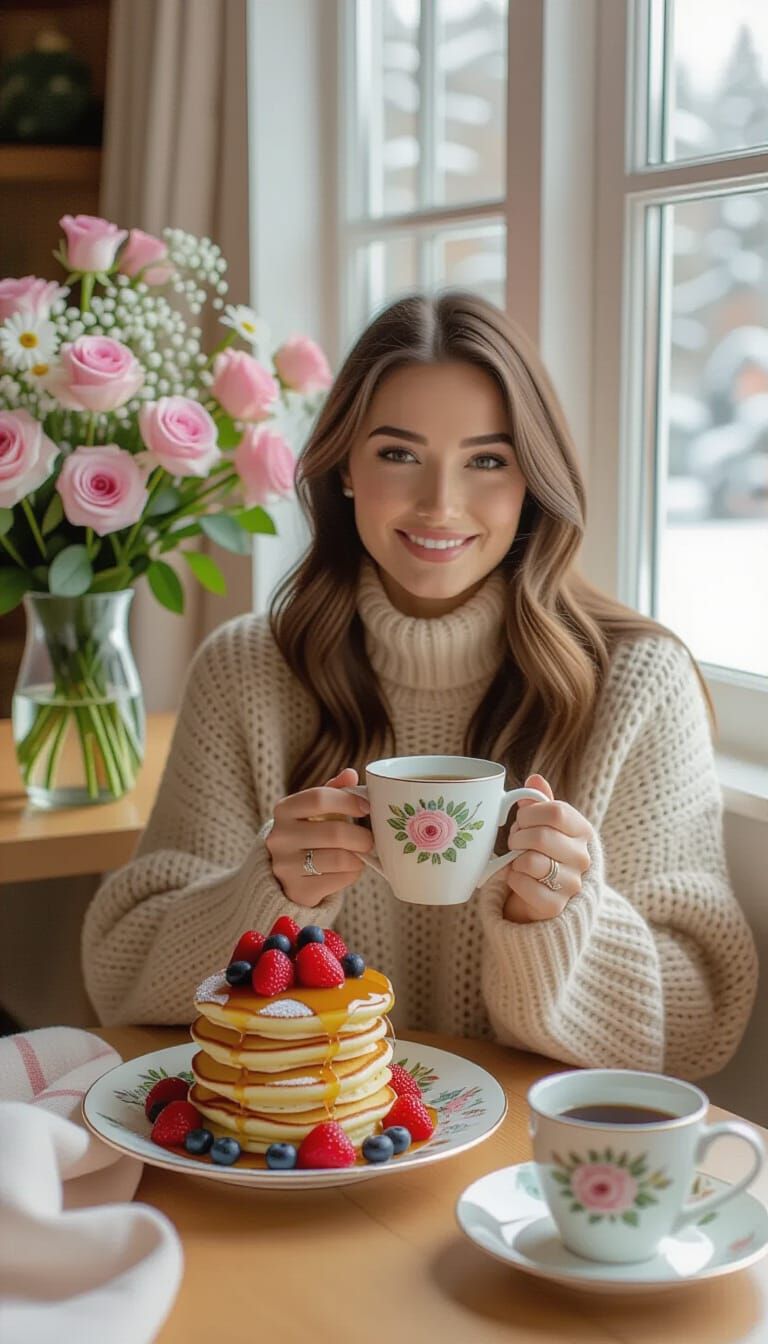 Cozy Morning Breakfast with Pancakes in Natural Light