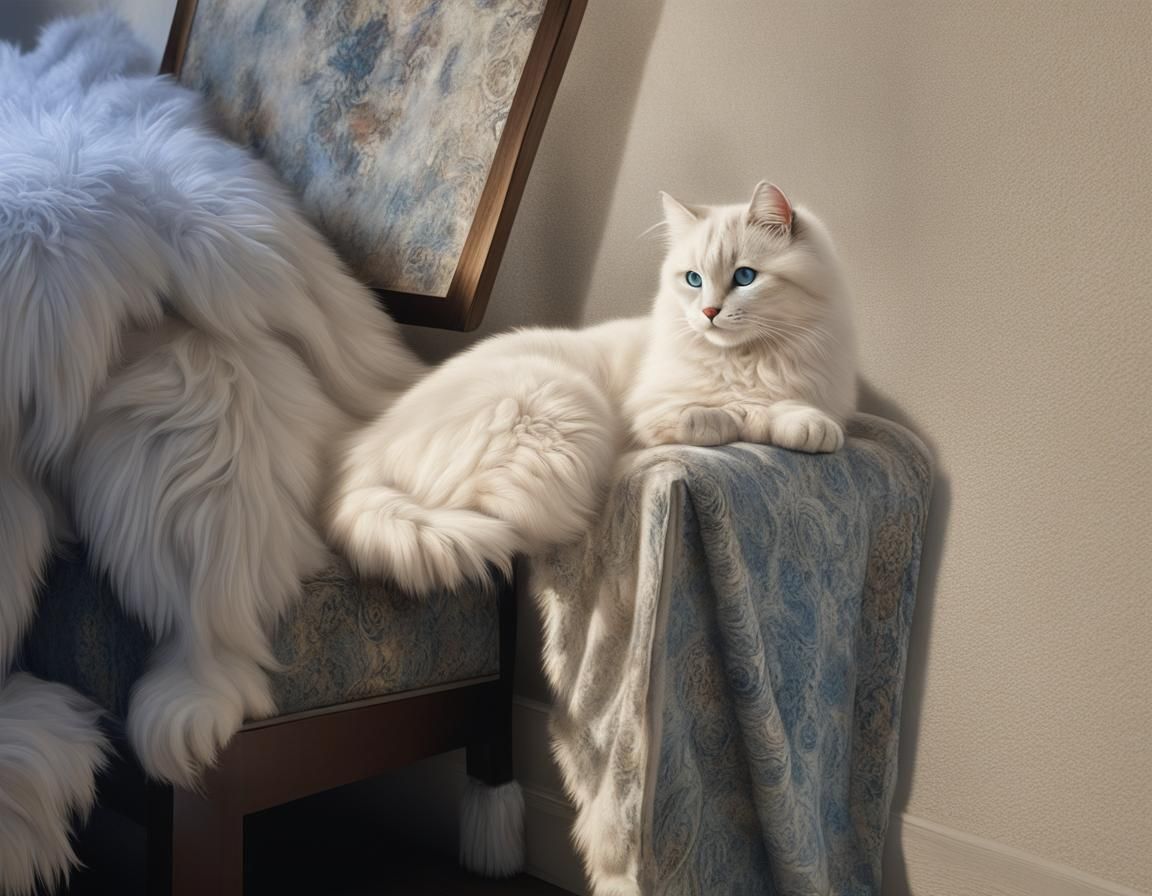 Hyperrealistic White Cat in Living Room