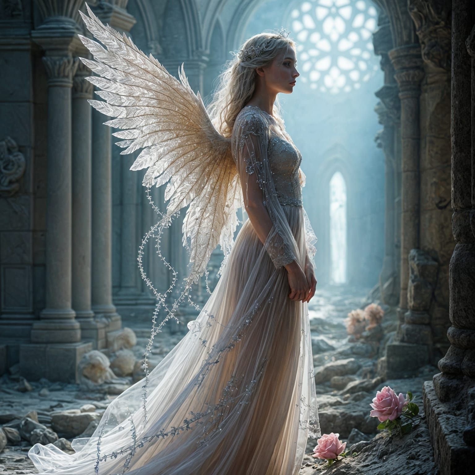 Ethereal Fallen Angel with Crystal Tears in Gothic Ruins