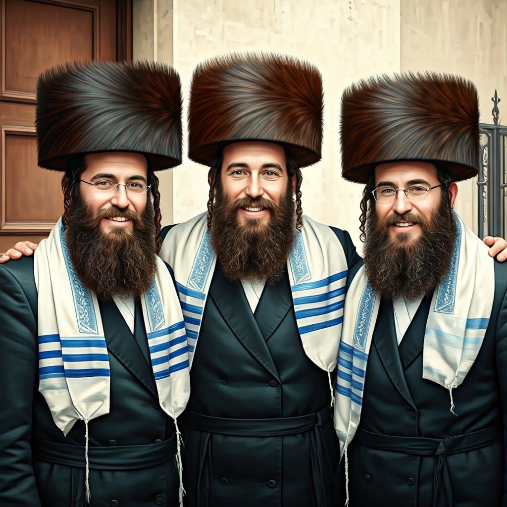 Three Joyful Chasidic Men in Traditional Attire, Evoking Com...