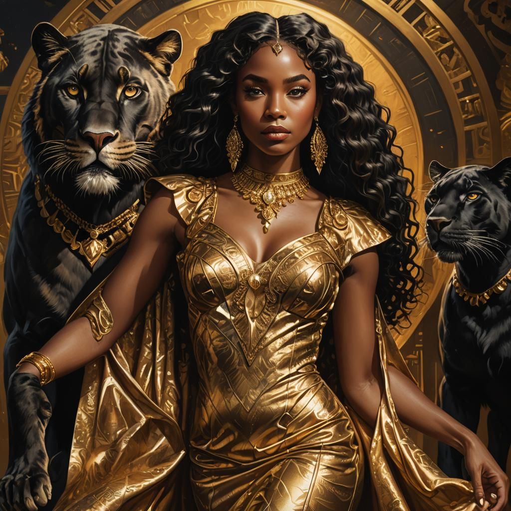 Black Woman in Gold Dress with Panther, Splash Art