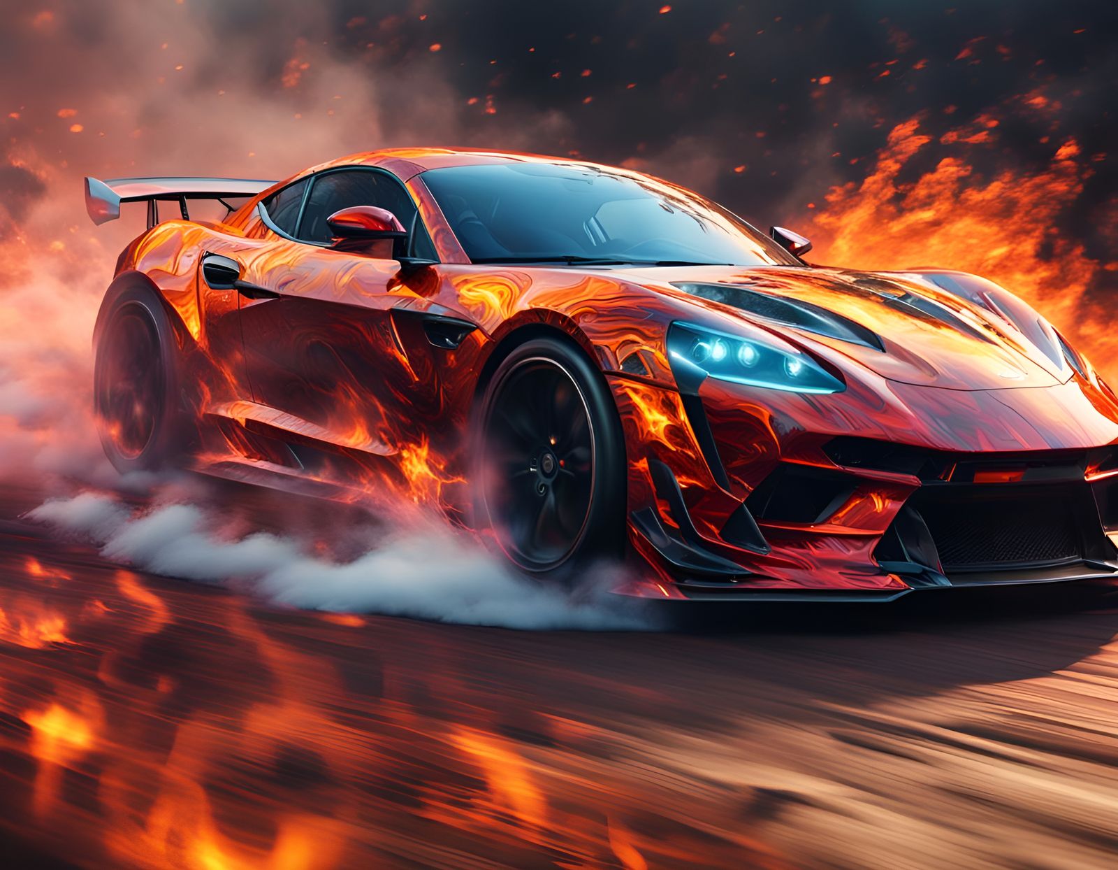 Hyperrealistic Diabolic Supercar in Fire Landscape