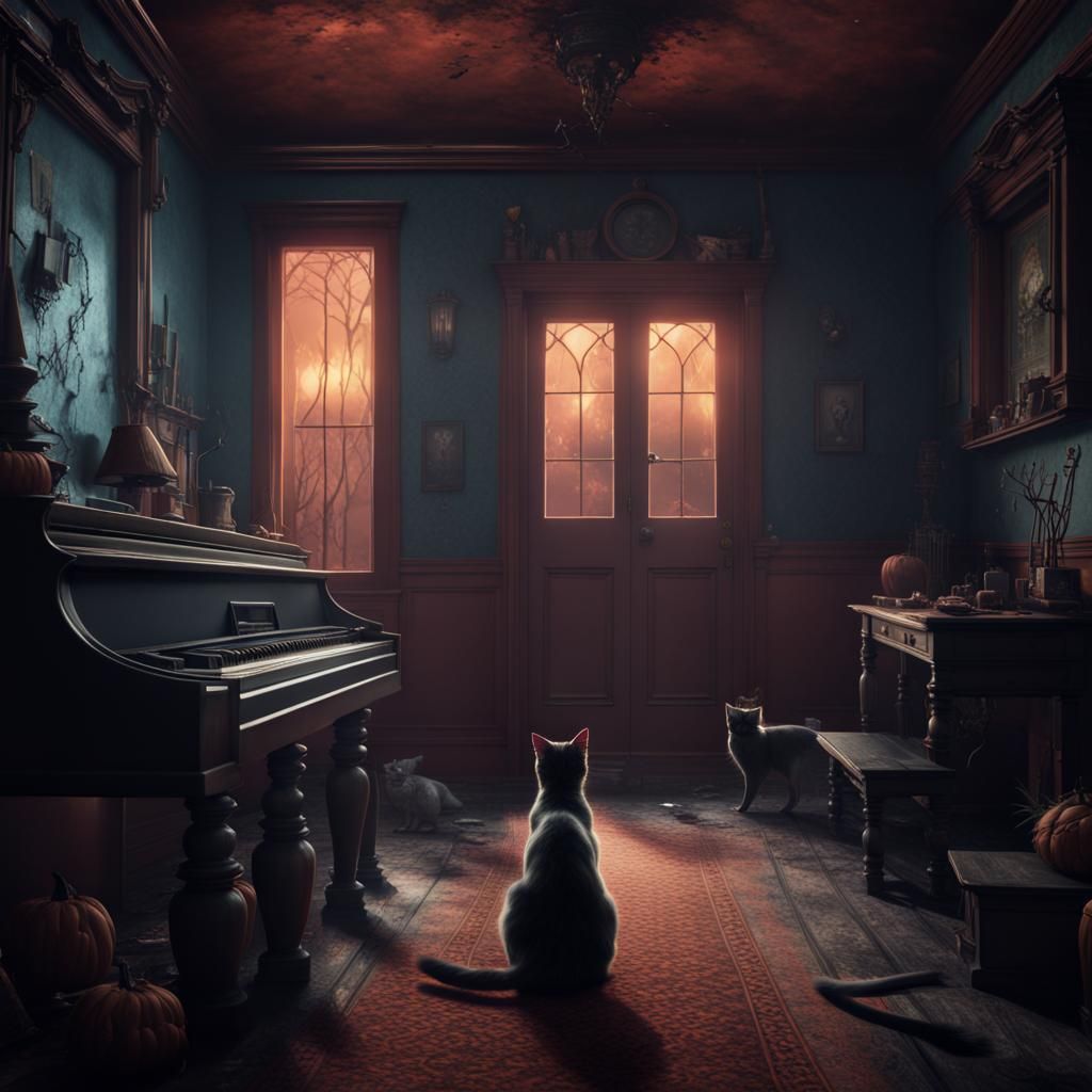 Spooky Cat in Creepy House: Detailed Matte Painting