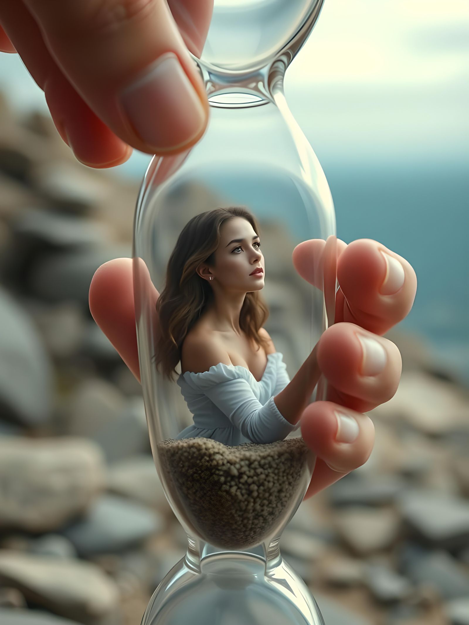 Hyperrealistic Tiny Woman in Hourglass
