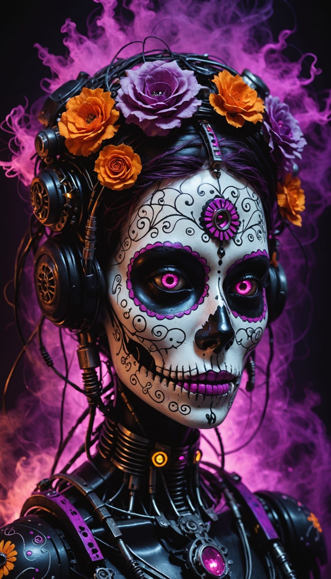 Portrait of a robotic La Catrina with: glowing pink eyes, ma...