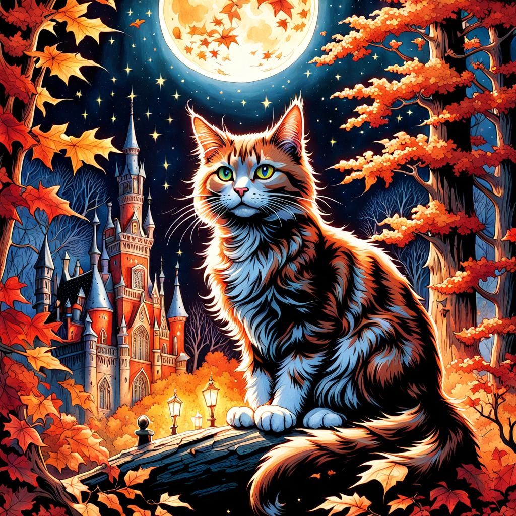 Gothic Autumn Cat in Watercolor Style